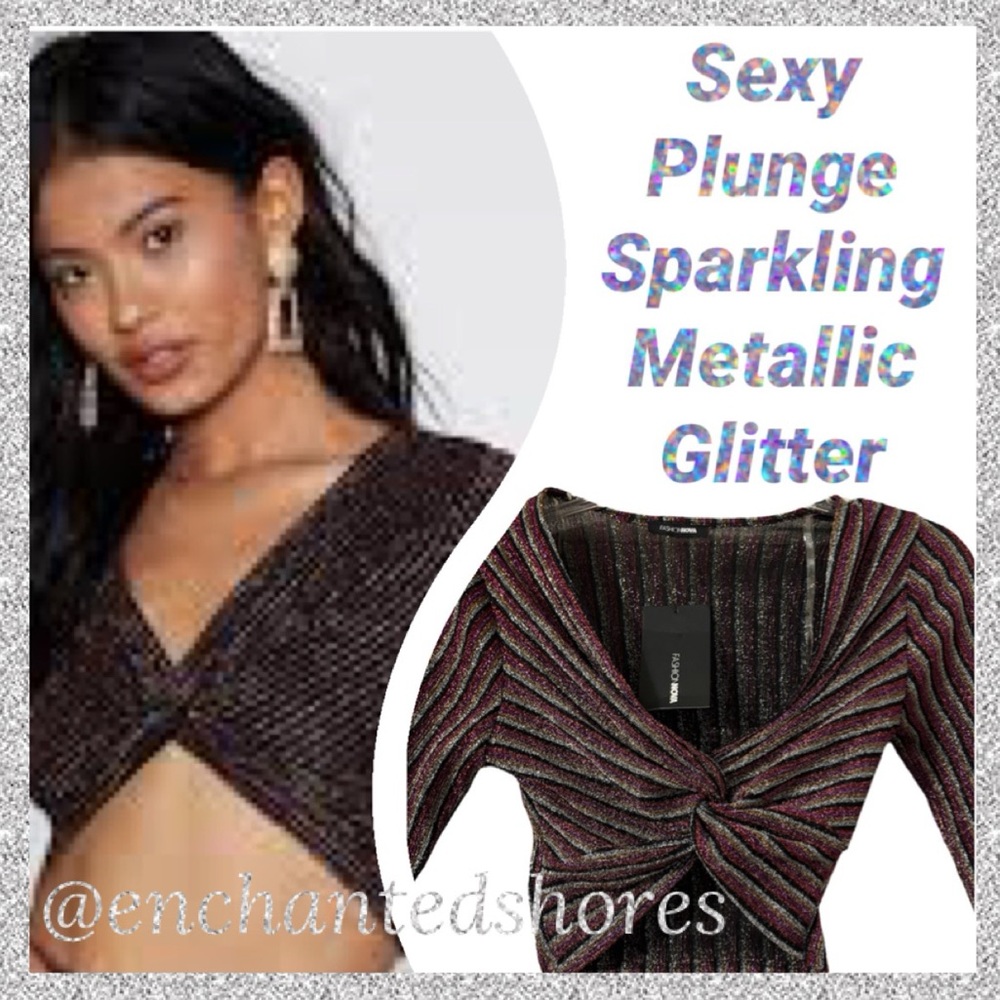 Sparkling Metallic Crop Blouse Sexy Plunge Twist Knot Front Black Y2K Size Small